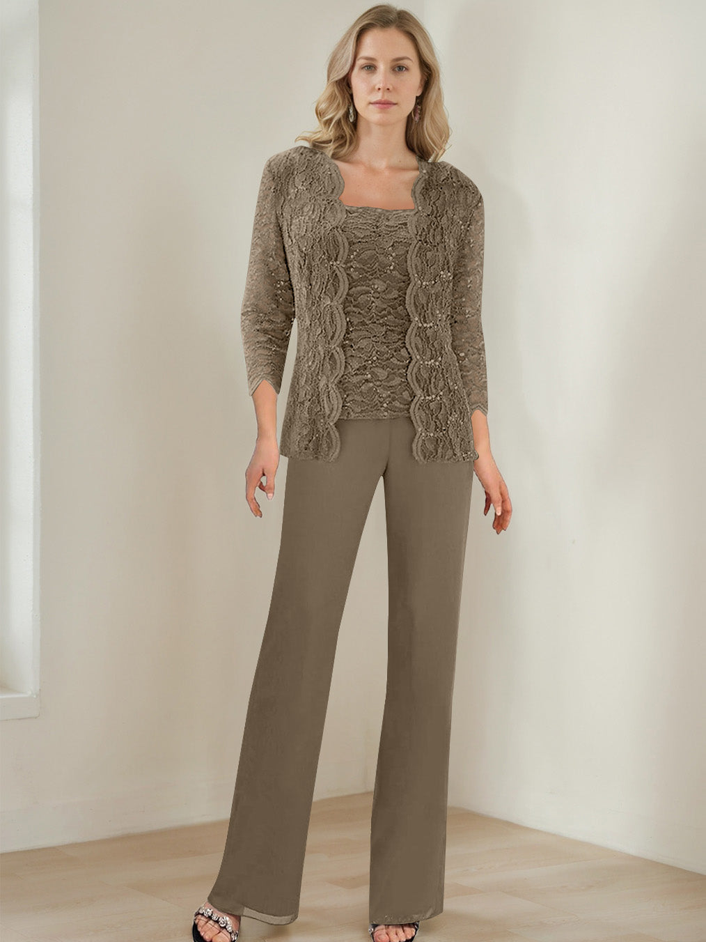 3 Pieces Square Neck 3 4 Sleeves Floor Length Mother Of The Bride Pantsuits With Sequins