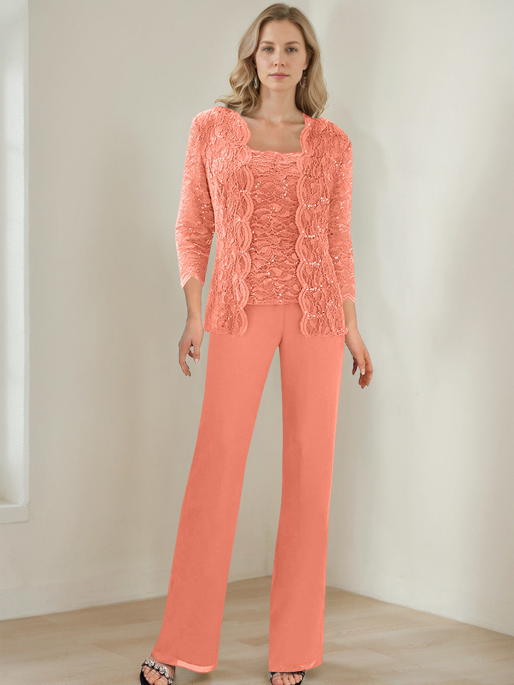 3 Pieces Square Neck 3 4 Sleeves Floor Length Mother Of The Bride Pantsuits With Sequins