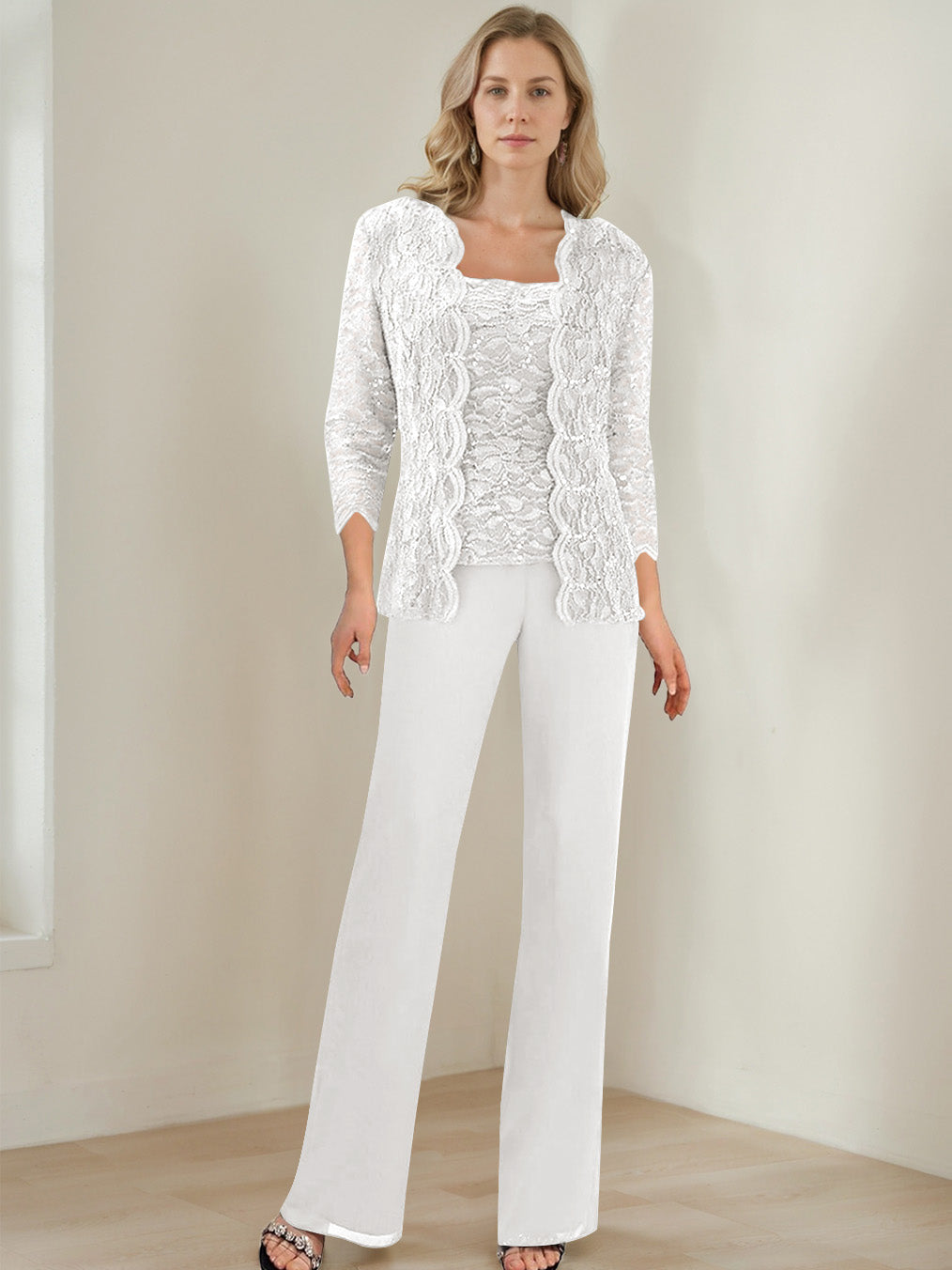 3 Pieces Square Neck 3 4 Sleeves Floor Length Mother Of The Bride Pantsuits With Sequins