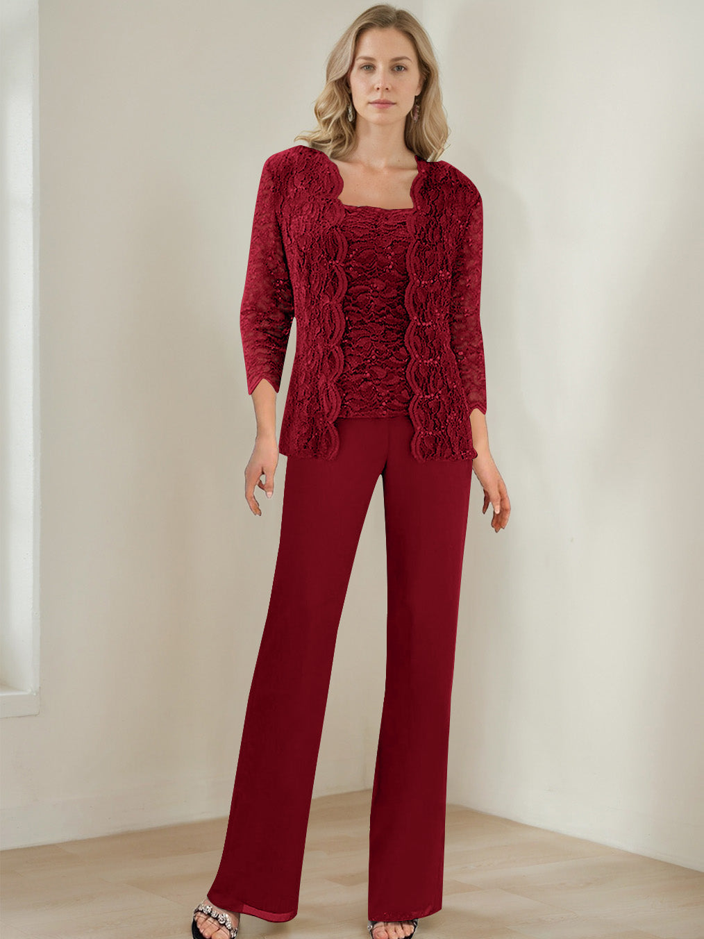 3 Pieces Square Neck 3 4 Sleeves Floor Length Mother Of The Bride Pantsuits With Sequins