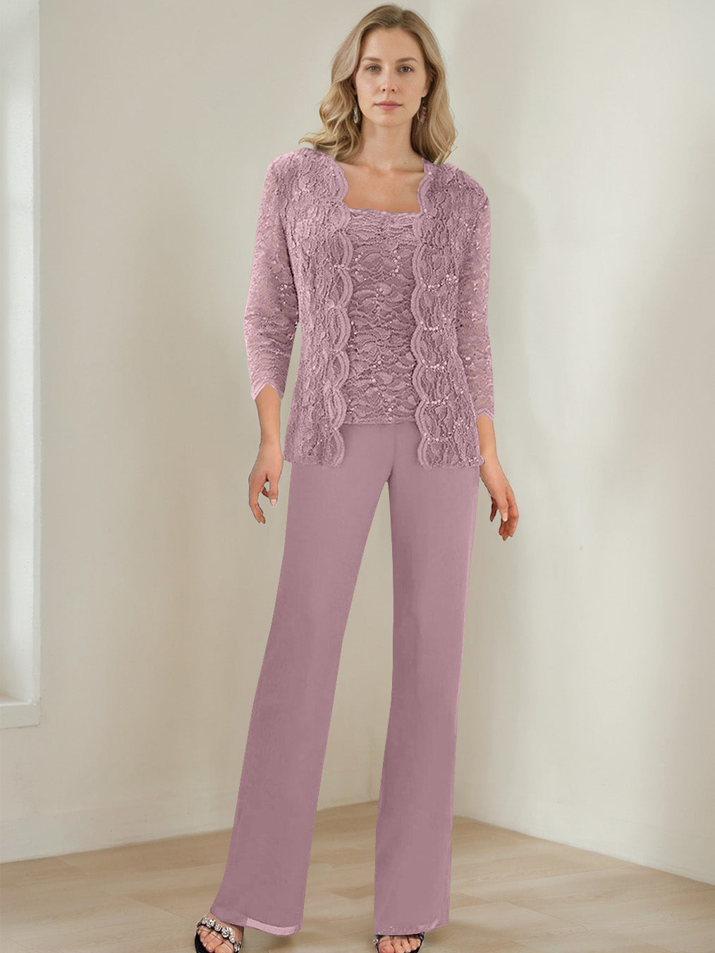 3 Pieces Square Neck 3 4 Sleeves Floor Length Mother Of The Bride Pantsuits With Sequins
