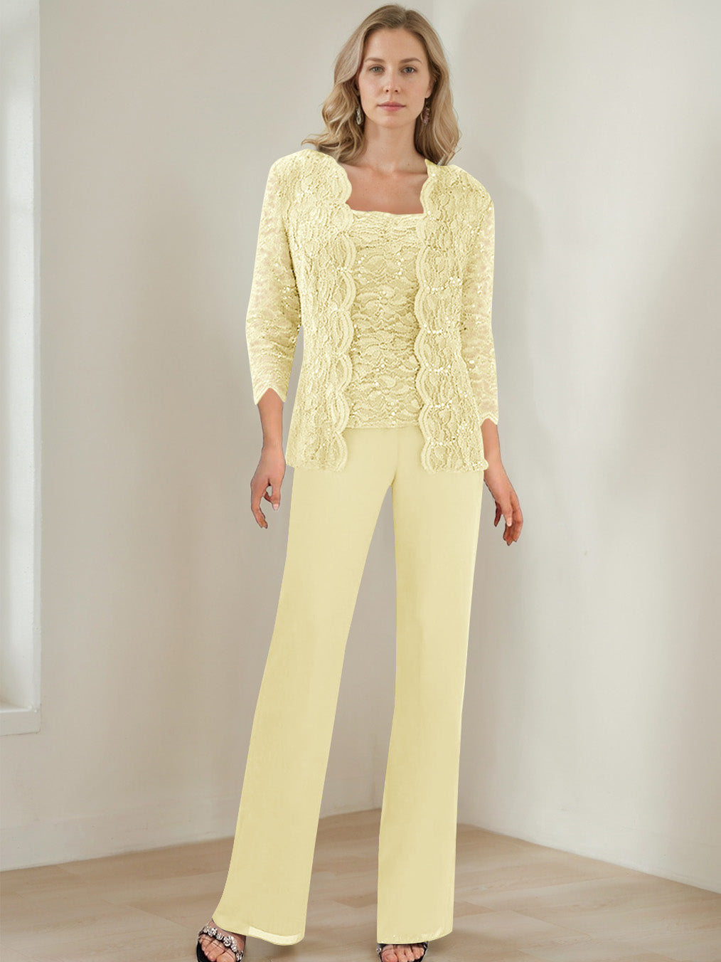 3 Pieces Square Neck 3 4 Sleeves Floor Length Mother Of The Bride Pantsuits With Sequins