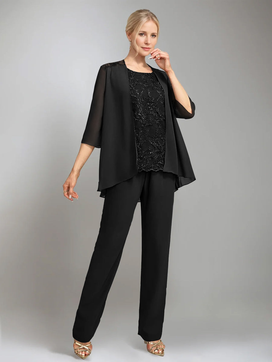 3 Pieces Scoop Sleeveless Floor Length Mother Of The Bride Pantsuits With Jacket
