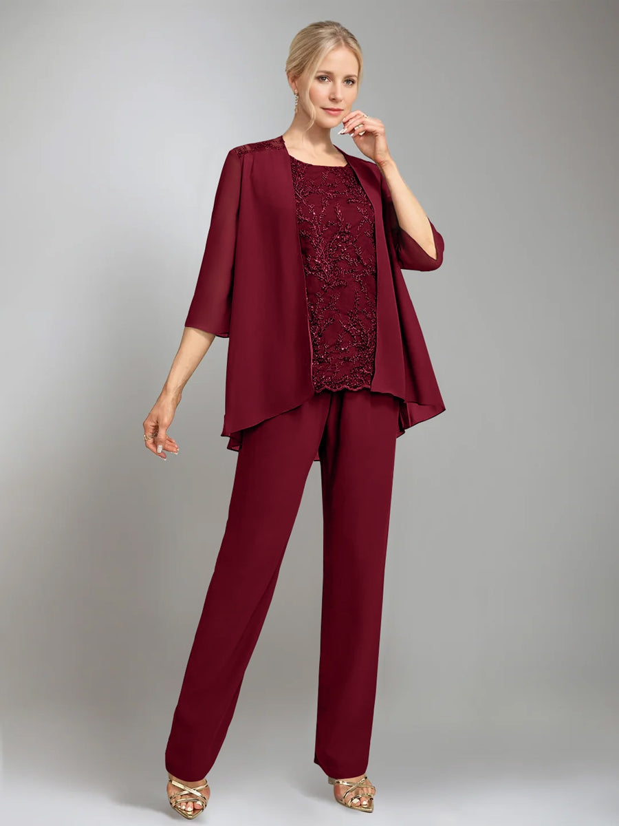 3 Pieces Scoop Sleeveless Floor Length Mother Of The Bride Pantsuits With Jacket