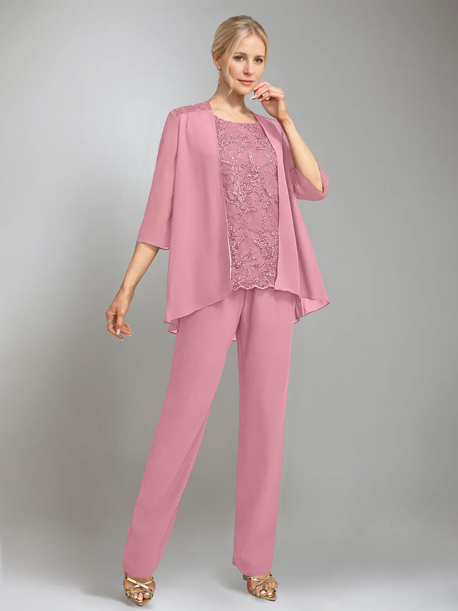 3 Pieces Scoop Sleeveless Floor Length Mother Of The Bride Pantsuits With Jacket