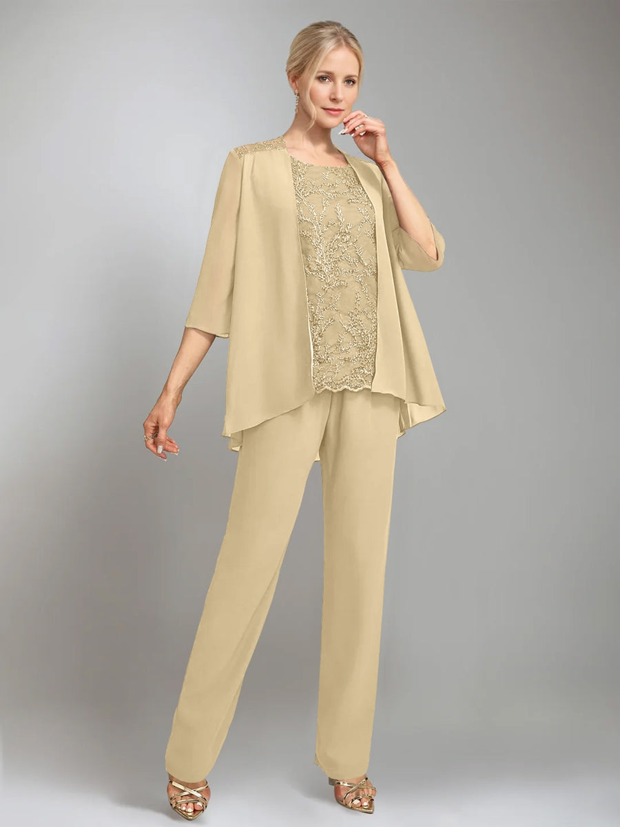 3 Pieces Scoop Sleeveless Floor Length Mother Of The Bride Pantsuits With Jacket
