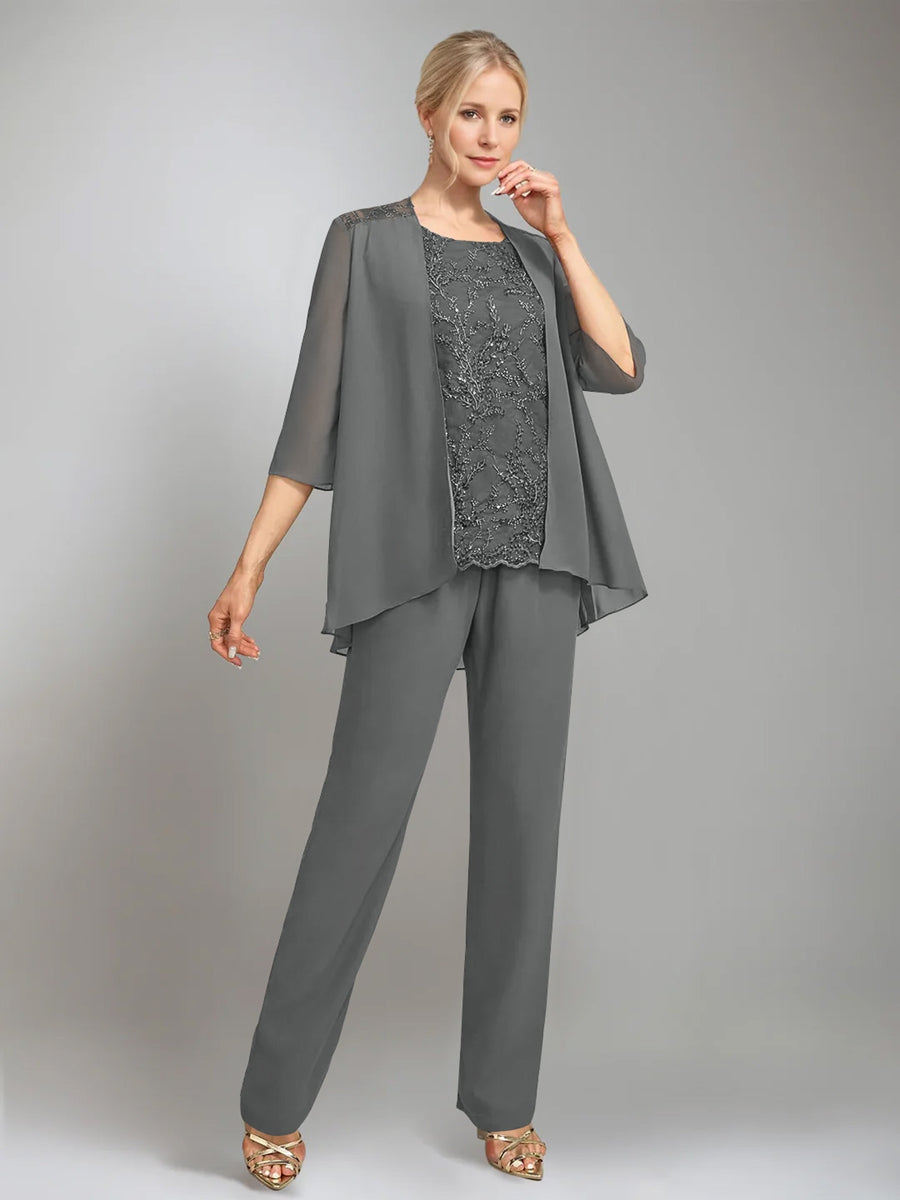 3 Pieces Scoop Sleeveless Floor Length Mother Of The Bride Pantsuits With Jacket