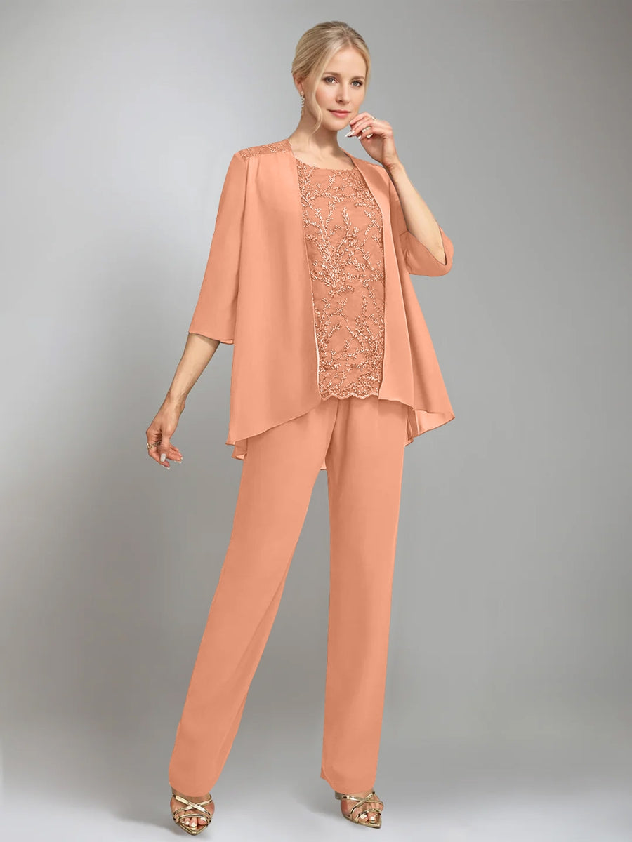 3 Pieces Scoop Sleeveless Floor Length Mother Of The Bride Pantsuits With Jacket