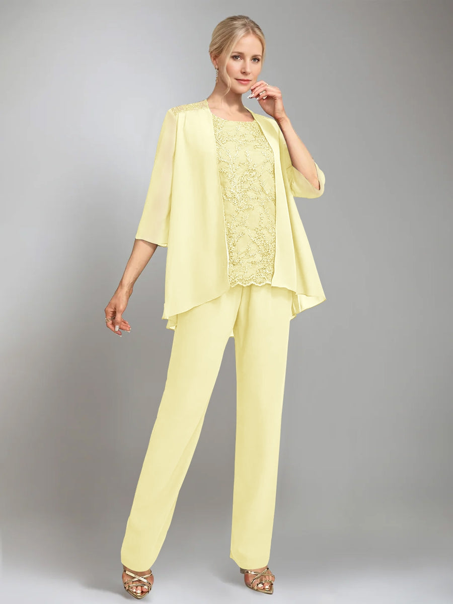 3 Pieces Scoop Sleeveless Floor Length Mother Of The Bride Pantsuits With Jacket