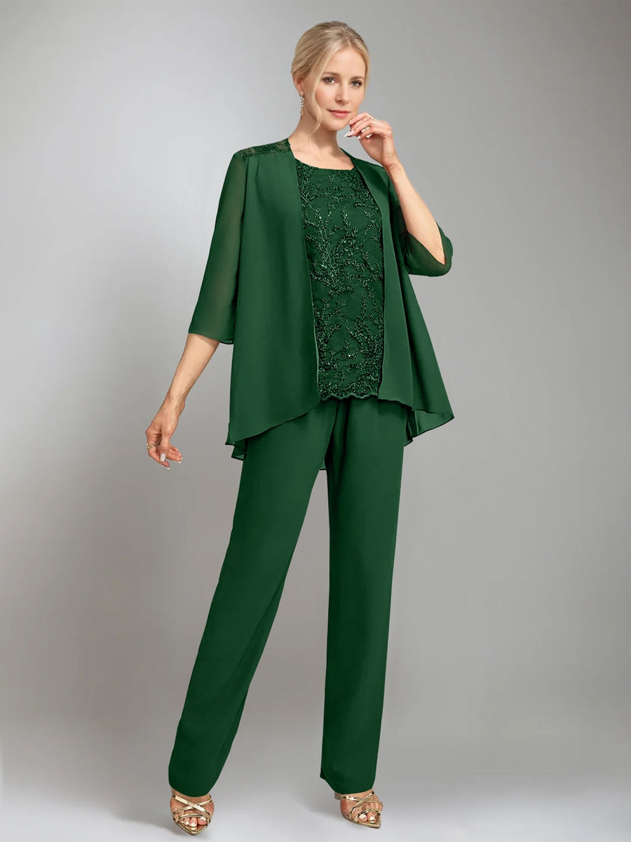 3 Pieces Scoop Sleeveless Floor Length Mother Of The Bride Pantsuits With Jacket