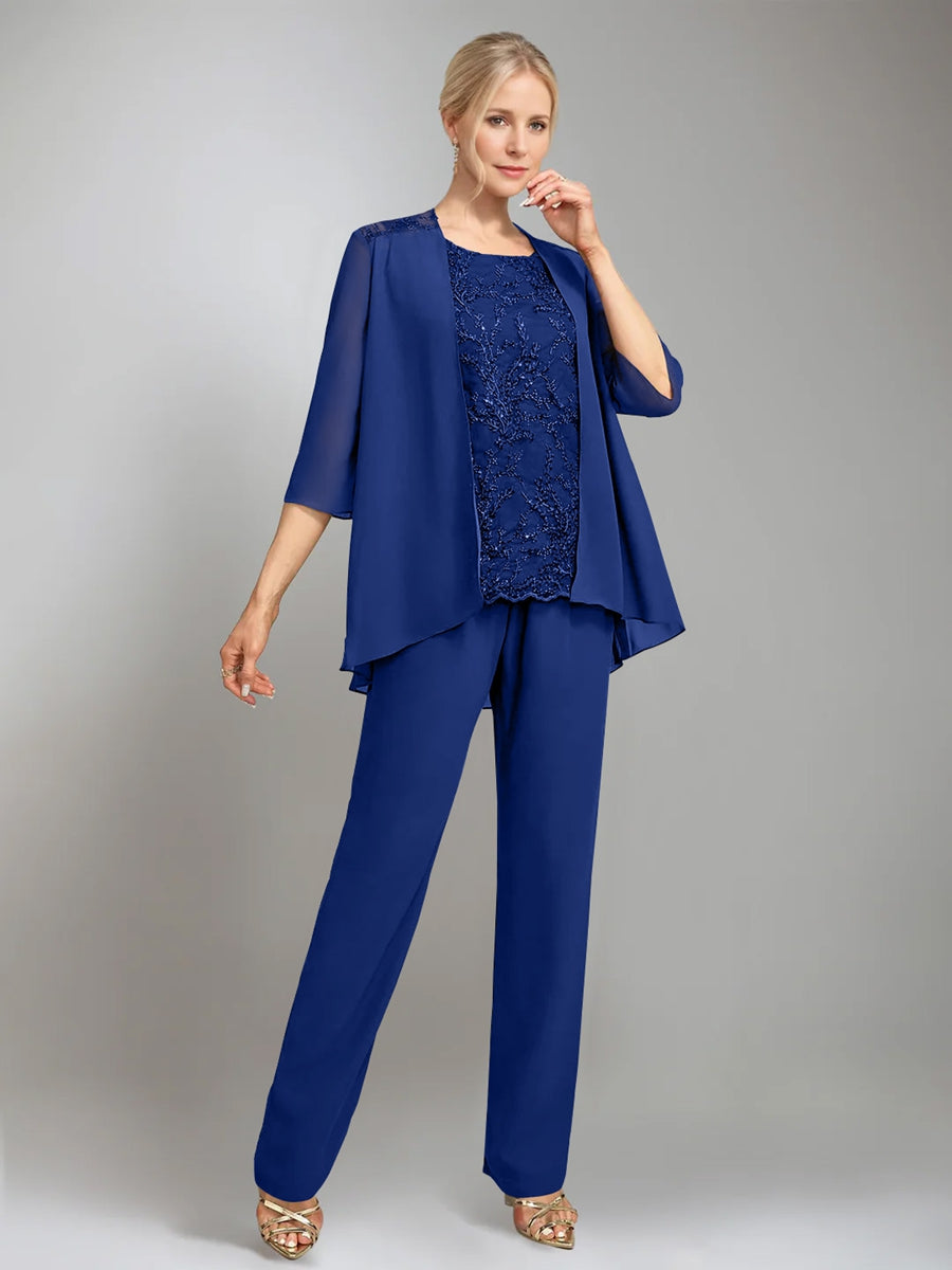 3 Pieces Scoop Sleeveless Floor Length Mother Of The Bride Pantsuits With Jacket