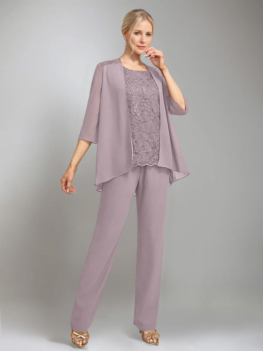 3 Pieces Scoop Sleeveless Floor Length Mother Of The Bride Pantsuits With Jacket
