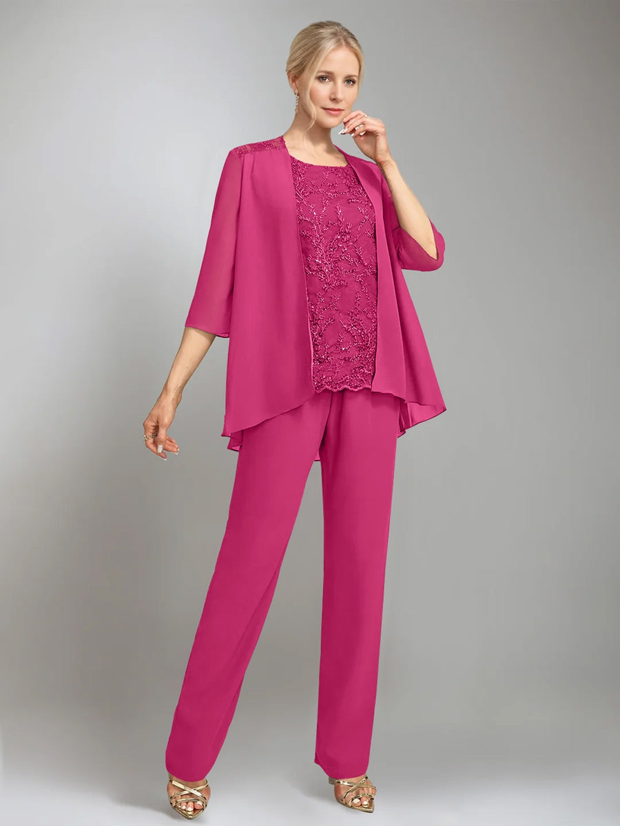 3 Pieces Scoop Sleeveless Floor Length Mother Of The Bride Pantsuits With Jacket