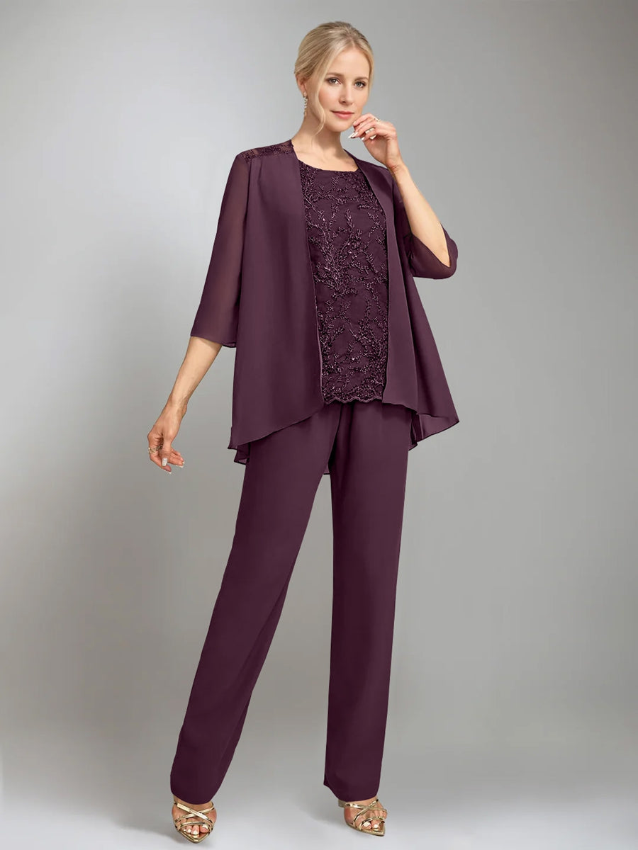 3 Pieces Scoop Sleeveless Floor Length Mother Of The Bride Pantsuits With Jacket