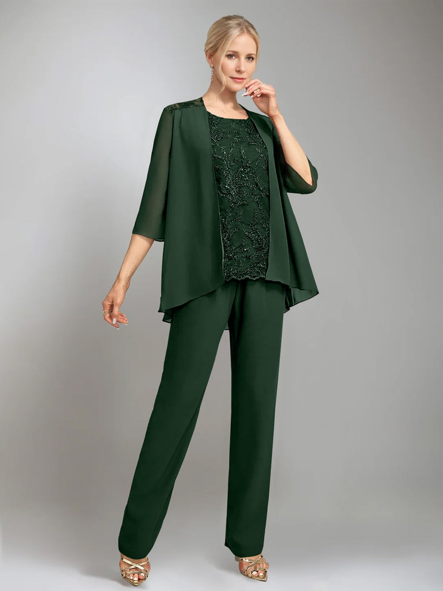 3 Pieces Scoop Sleeveless Floor Length Mother Of The Bride Pantsuits With Jacket