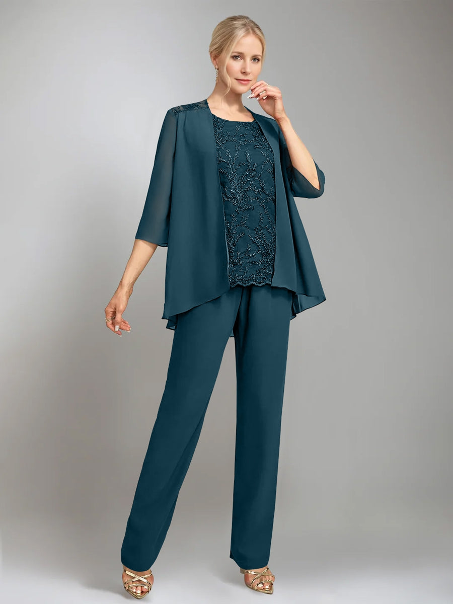 3 Pieces Scoop Sleeveless Floor Length Mother Of The Bride Pantsuits With Jacket