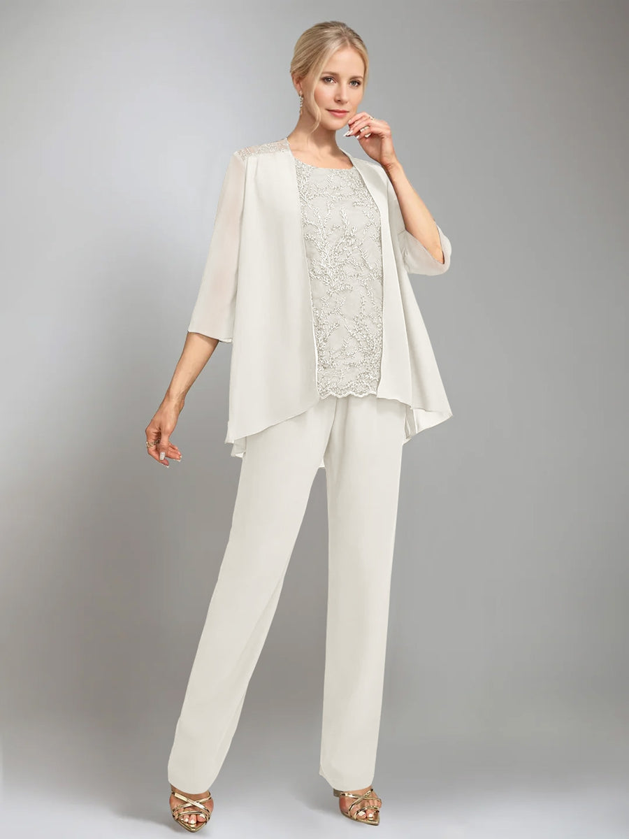 3 Pieces Scoop Sleeveless Floor Length Mother Of The Bride Pantsuits With Jacket