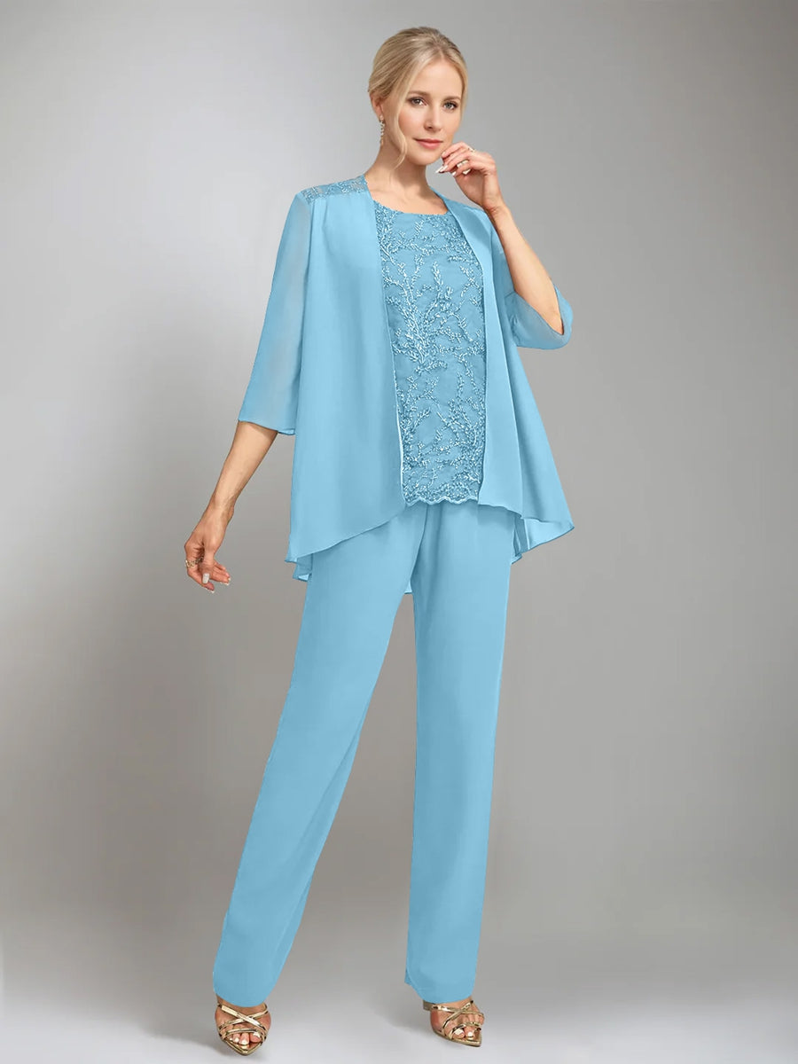 3 Pieces Scoop Sleeveless Floor Length Mother Of The Bride Pantsuits With Jacket
