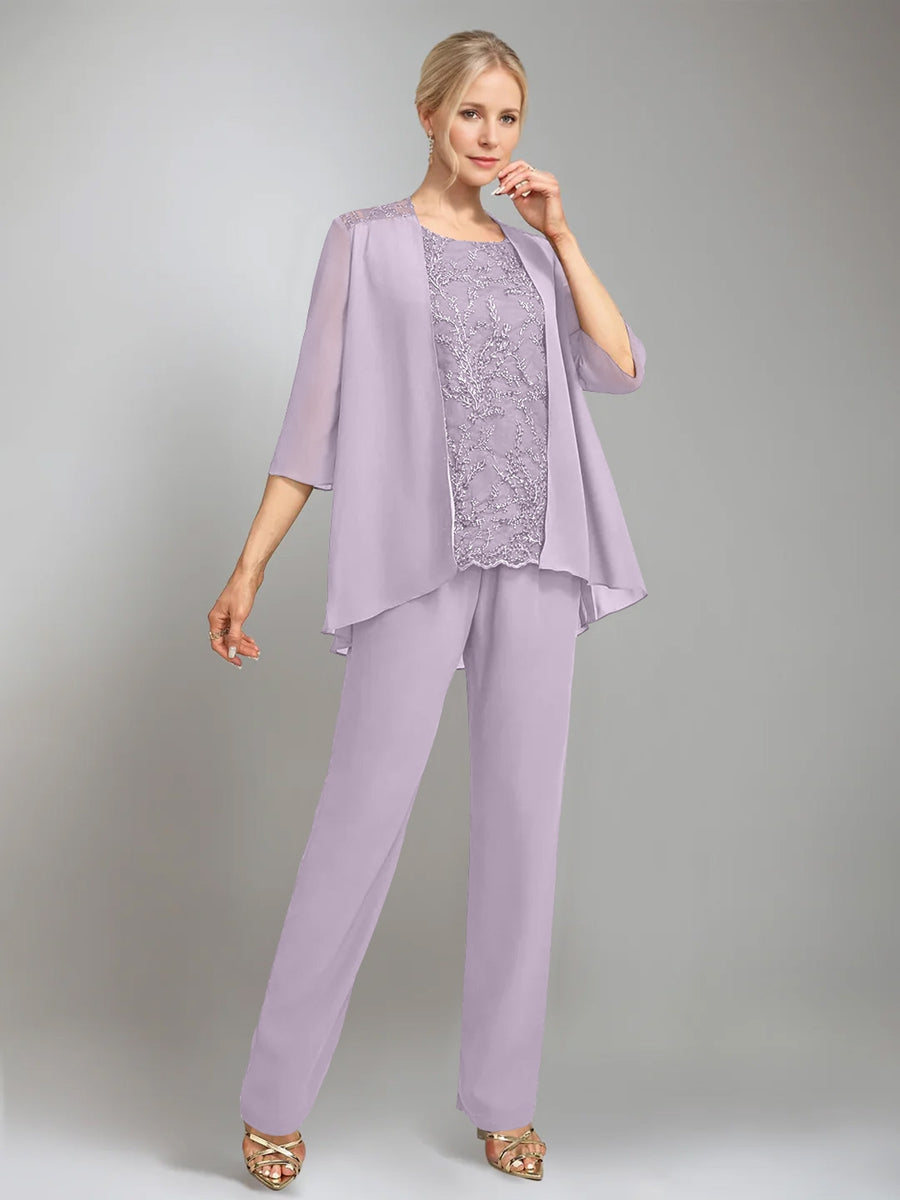 3 Pieces Scoop Sleeveless Floor Length Mother Of The Bride Pantsuits With Jacket