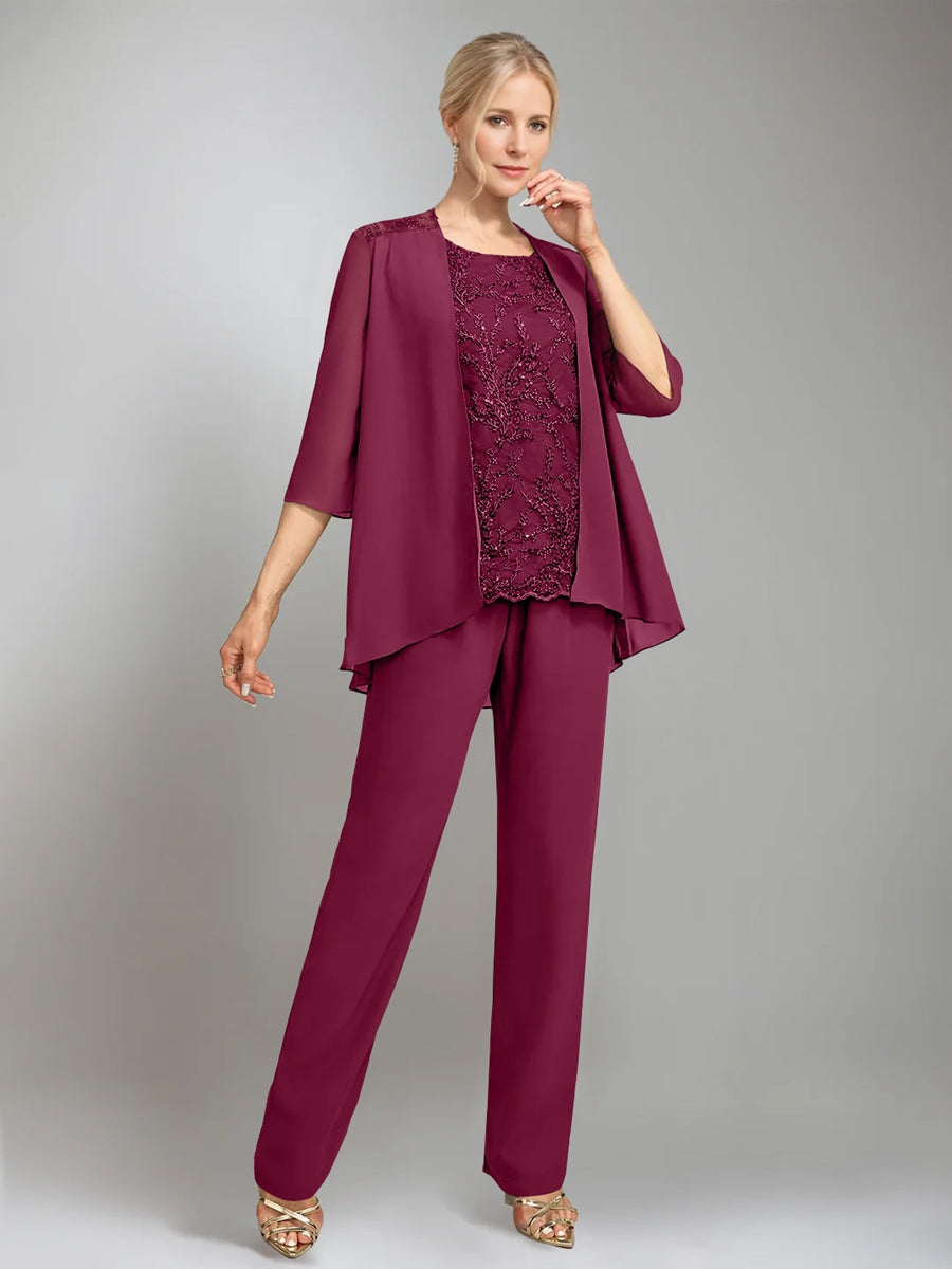 3 Pieces Scoop Sleeveless Floor Length Mother Of The Bride Pantsuits With Jacket