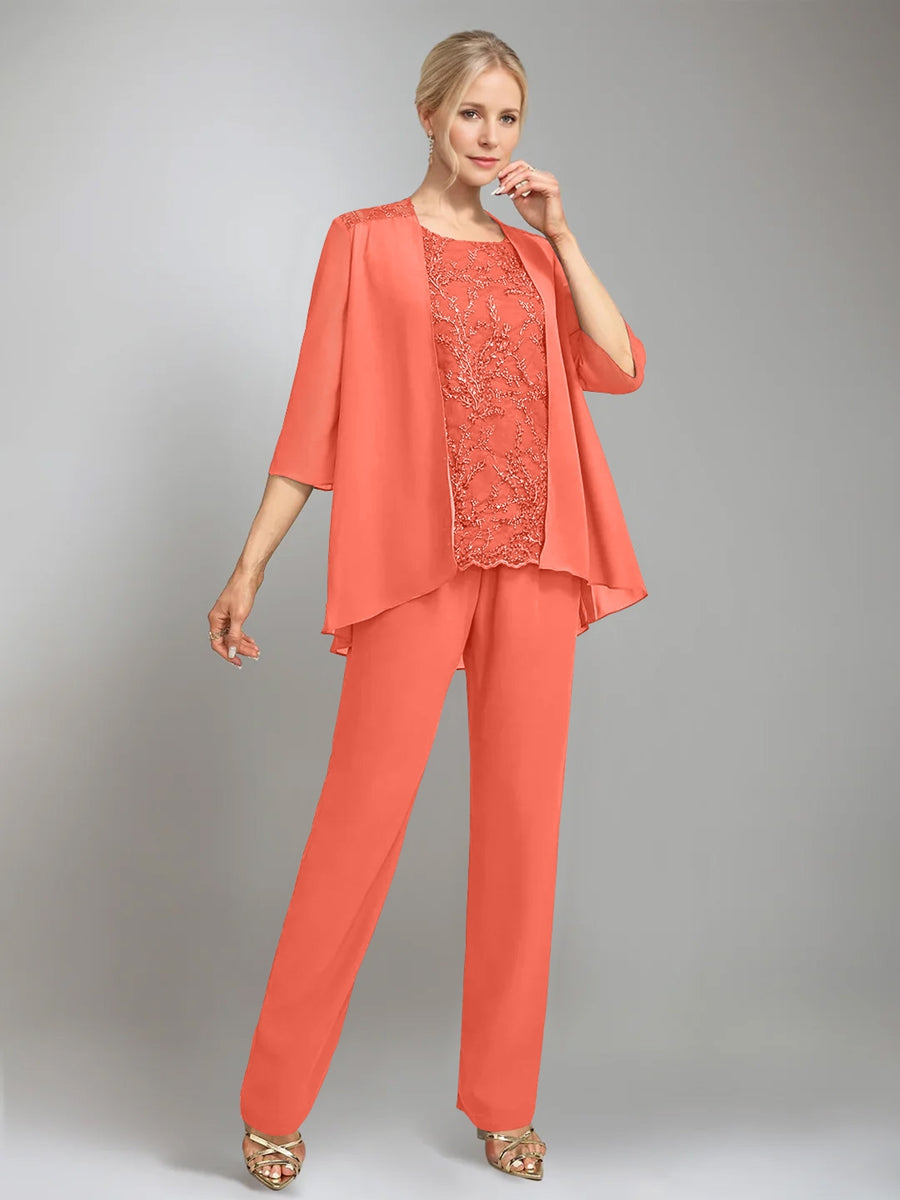 3 Pieces Scoop Sleeveless Floor Length Mother Of The Bride Pantsuits With Jacket