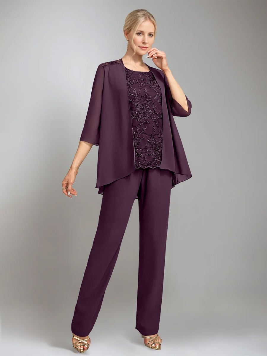 3 Pieces Scoop Sleeveless Floor Length Mother Of The Bride Pantsuits With Jacket