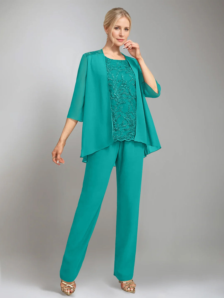 3 Pieces Scoop Sleeveless Floor Length Mother Of The Bride Pantsuits With Jacket