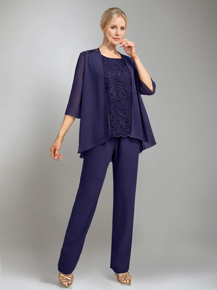 3 Pieces Scoop Sleeveless Floor Length Mother Of The Bride Pantsuits With Jacket