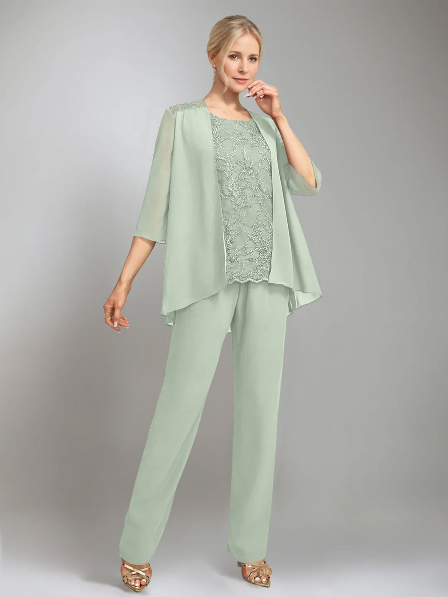 3 Pieces Scoop Sleeveless Floor Length Mother Of The Bride Pantsuits With Jacket