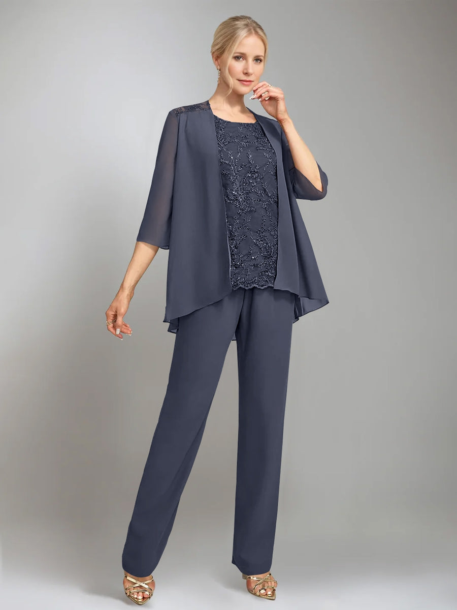 3 Pieces Scoop Sleeveless Floor Length Mother Of The Bride Pantsuits With Jacket
