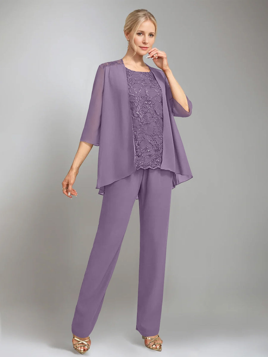 3 Pieces Scoop Sleeveless Floor Length Mother Of The Bride Pantsuits With Jacket
