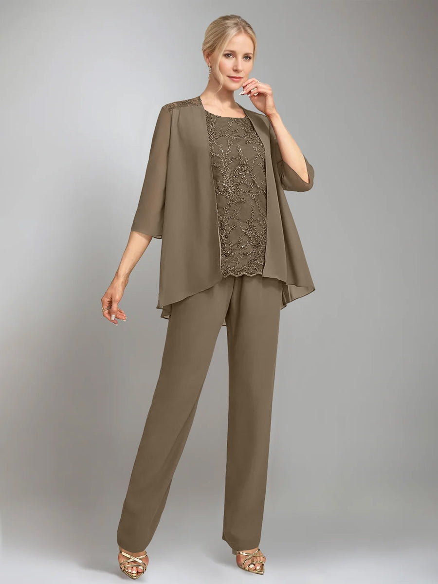 3 Pieces Scoop Sleeveless Floor Length Mother Of The Bride Pantsuits With Jacket