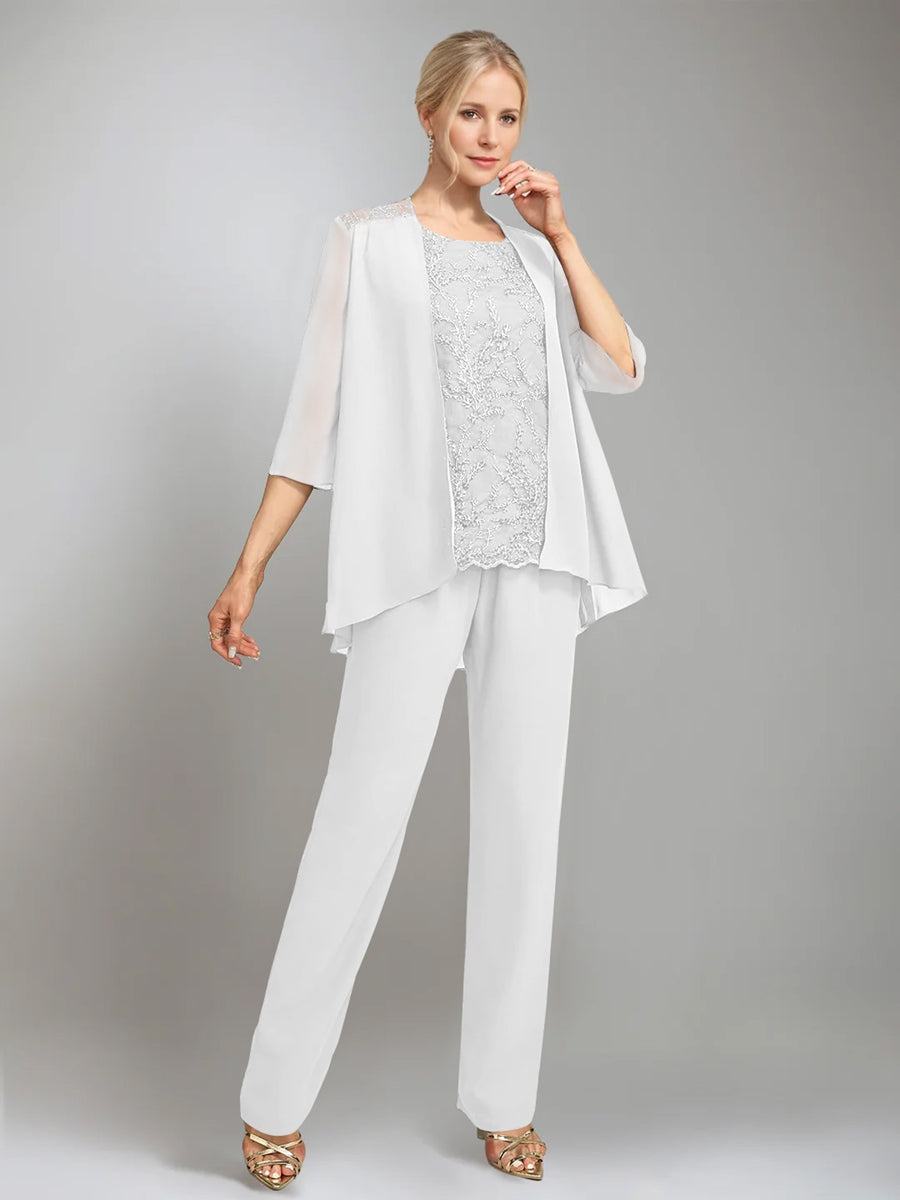3 Pieces Scoop Sleeveless Floor Length Mother Of The Bride Pantsuits With Jacket