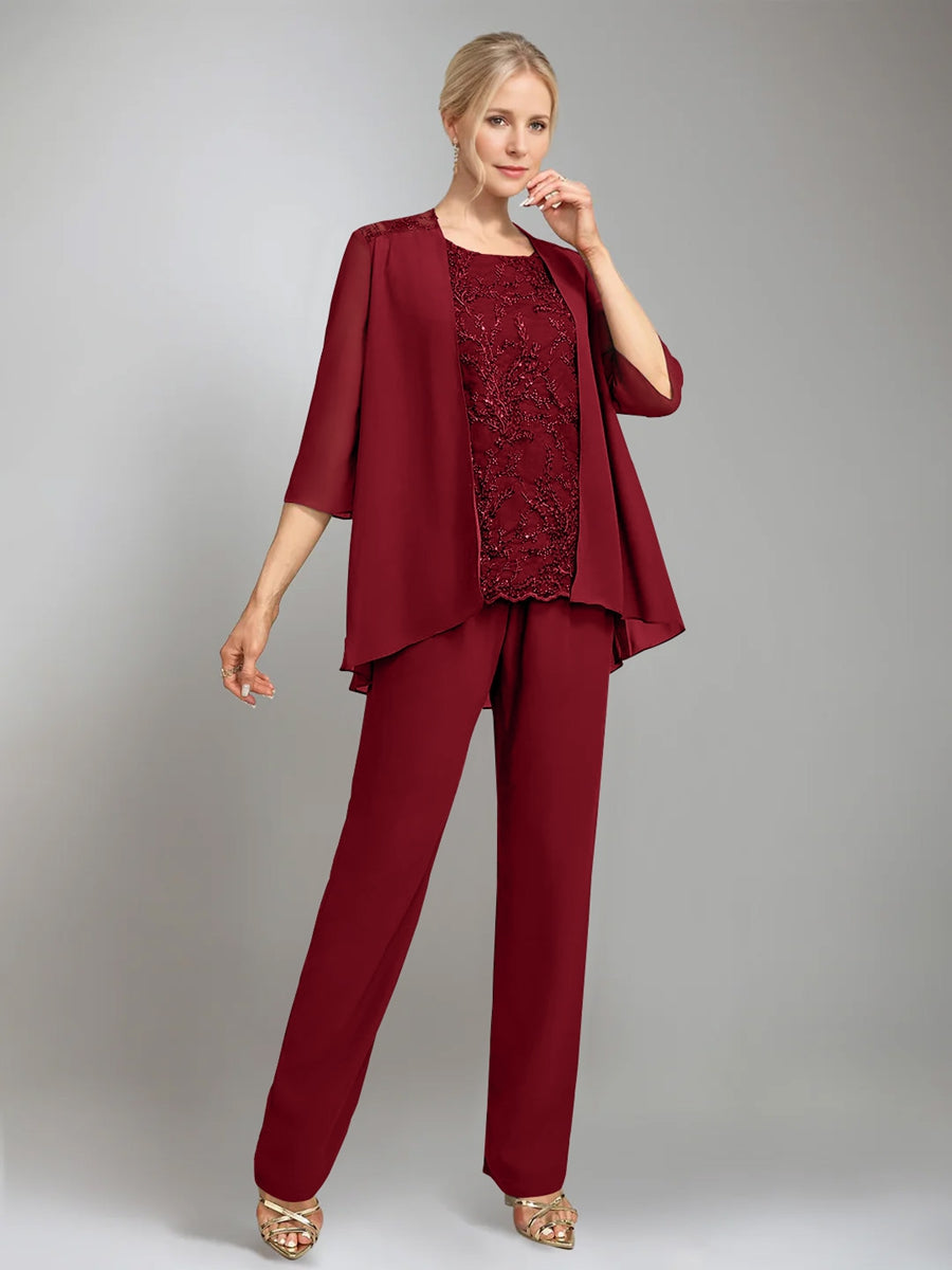 3 Pieces Scoop Sleeveless Floor Length Mother Of The Bride Pantsuits With Jacket