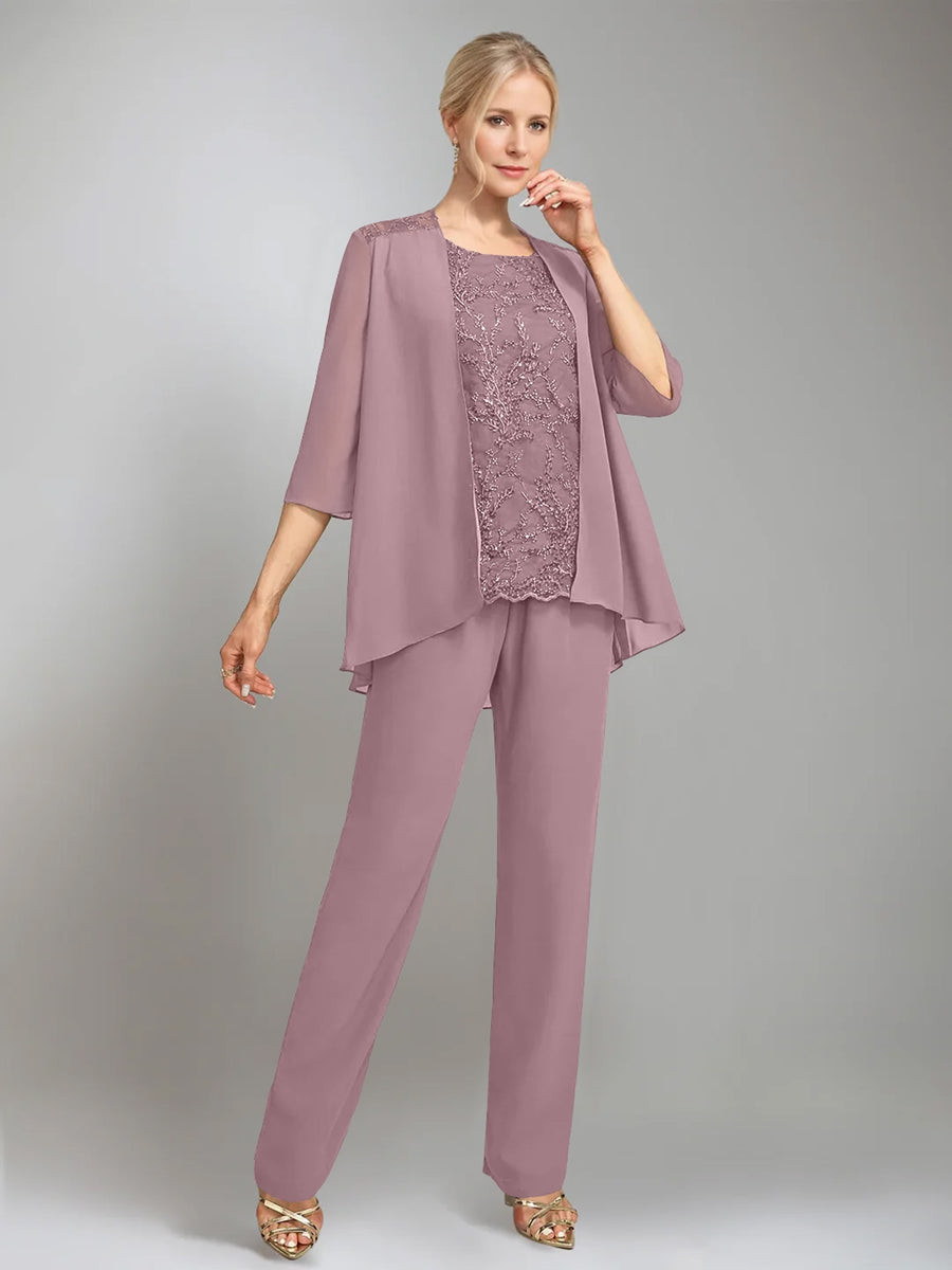 3 Pieces Scoop Sleeveless Floor Length Mother Of The Bride Pantsuits With Jacket