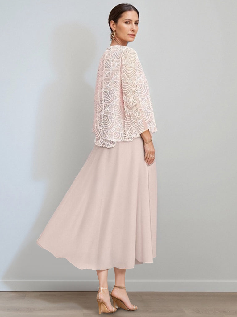 A Line Princess Jewel Neck Tea Length Mother Of The Bride Dresses With Jacket Lace