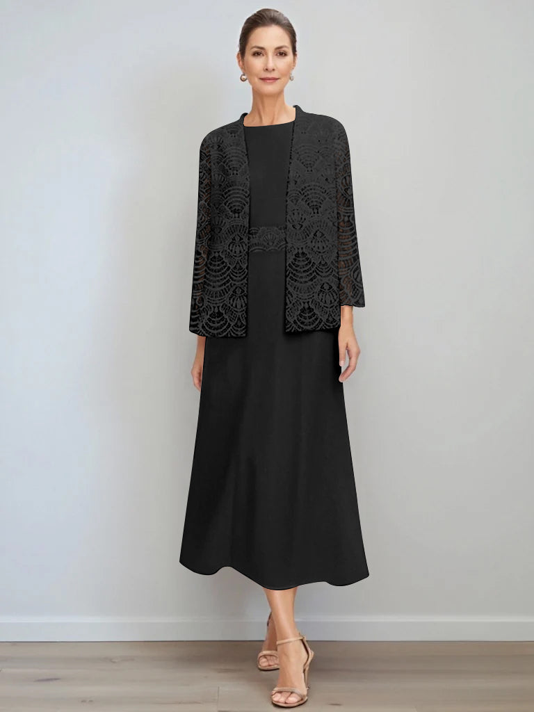 A Line Princess Jewel Neck Tea Length Mother Of The Bride Dresses With Jacket Lace