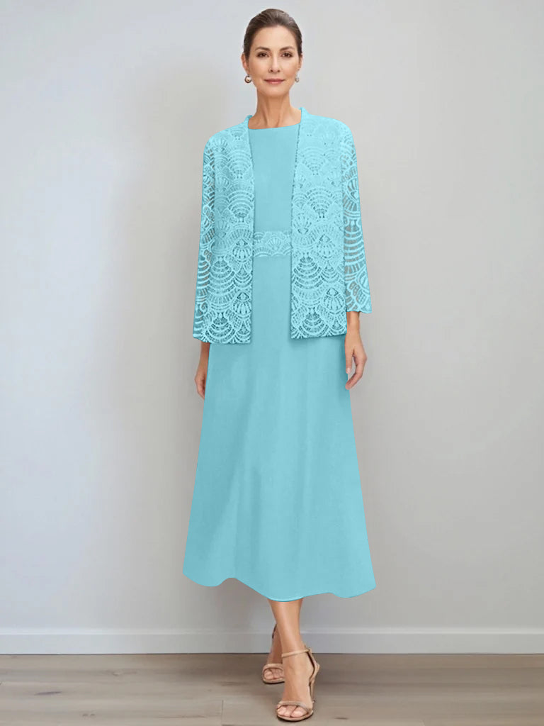 A Line Princess Jewel Neck Tea Length Mother Of The Bride Dresses With Jacket Lace
