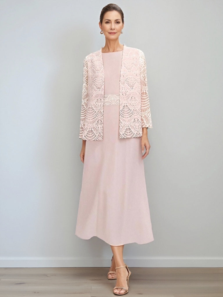 A Line Princess Jewel Neck Tea Length Mother Of The Bride Dresses With Jacket Lace