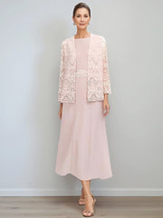 A Line Princess Jewel Neck Tea Length Mother Of The Bride Dresses With Jacket Lace