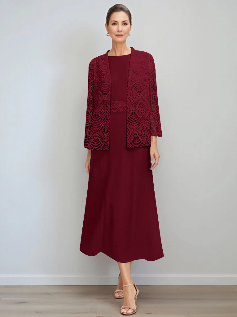 A Line Princess Jewel Neck Tea Length Mother Of The Bride Dresses With Jacket Lace