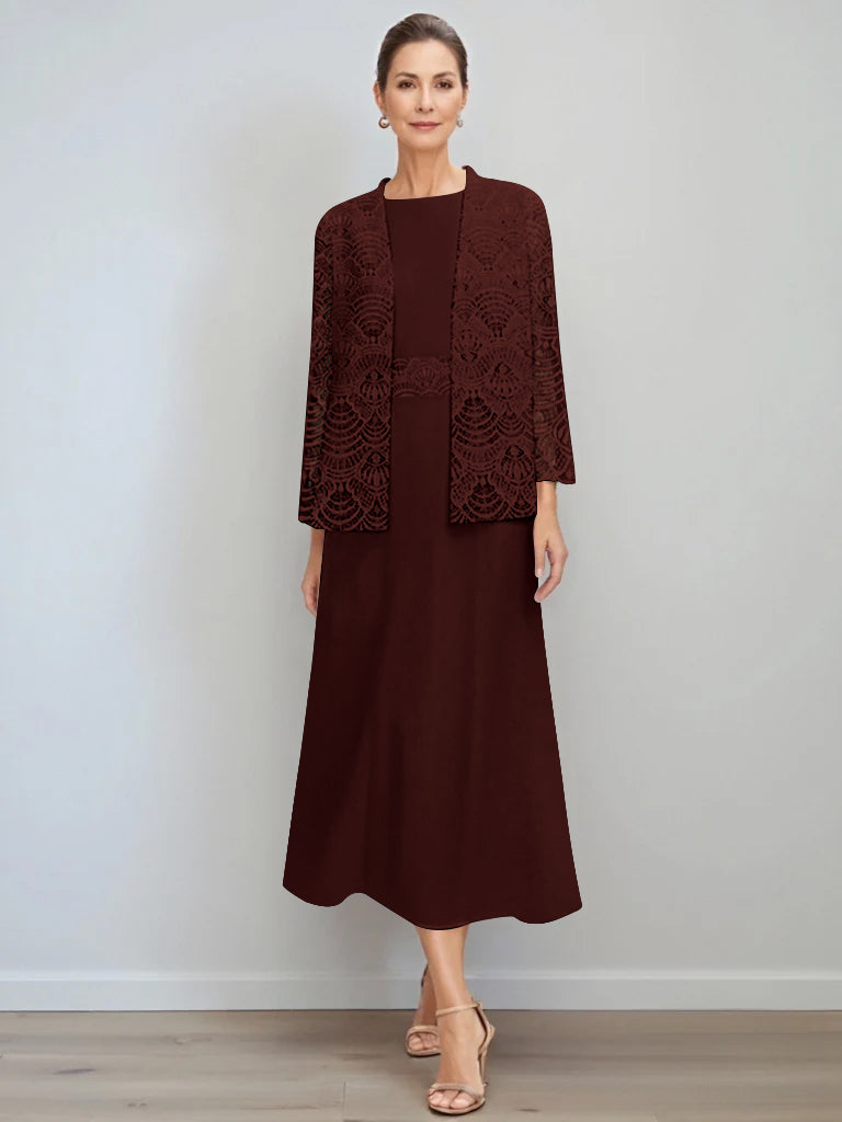 A Line Princess Jewel Neck Tea Length Mother Of The Bride Dresses With Jacket Lace