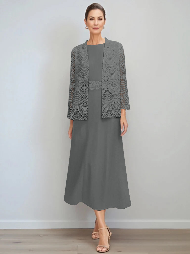 A Line Princess Jewel Neck Tea Length Mother Of The Bride Dresses With Jacket Lace