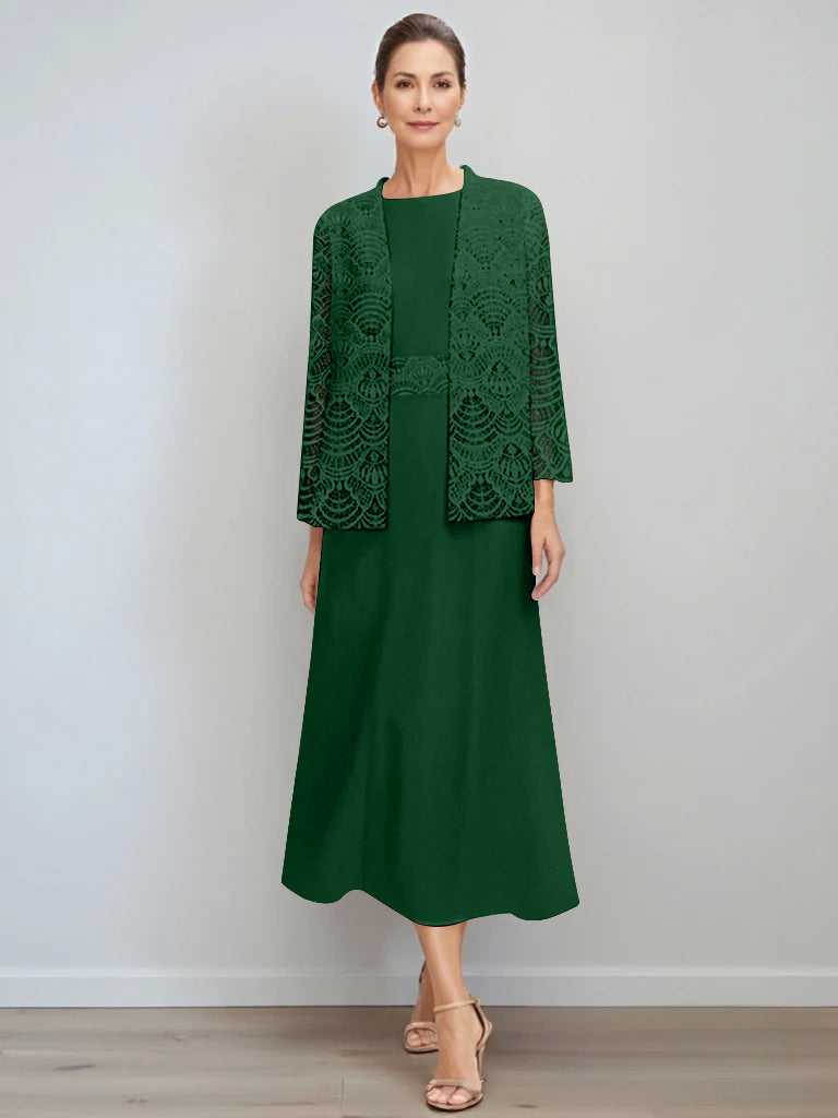 A Line Princess Jewel Neck Tea Length Mother Of The Bride Dresses With Jacket Lace