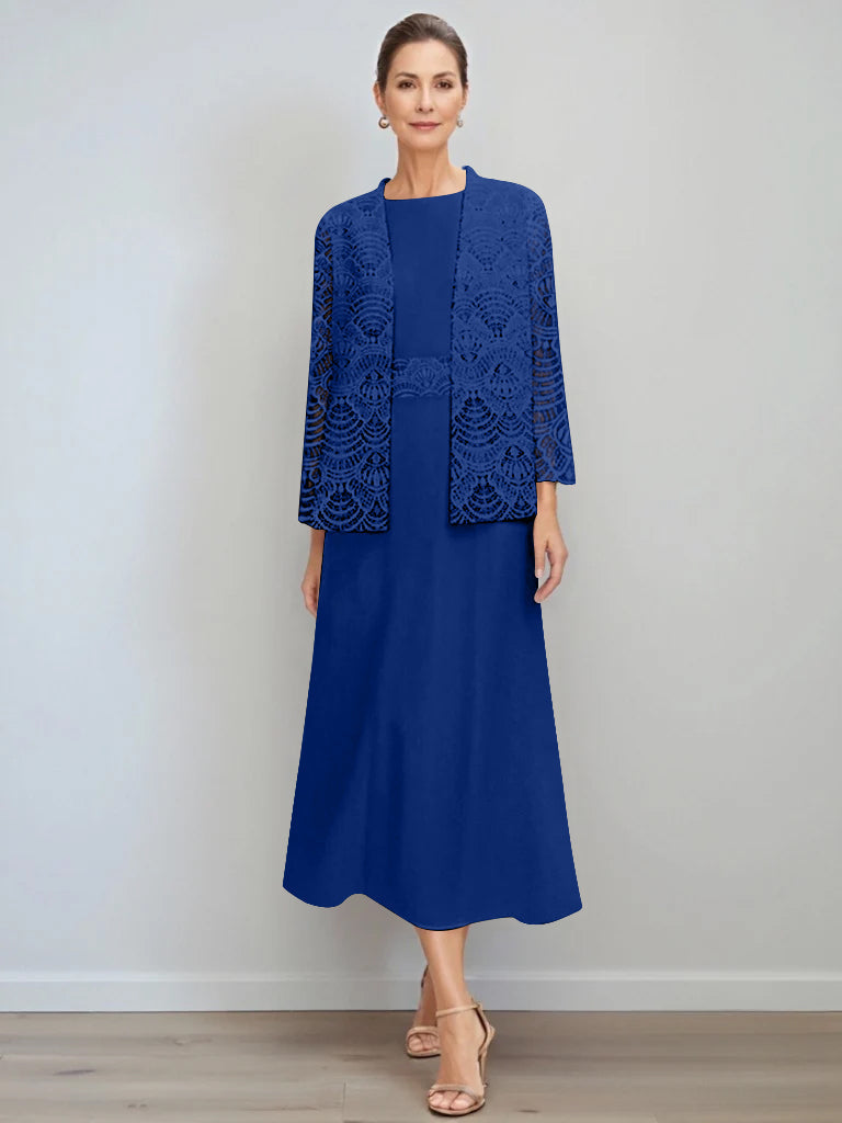 A Line Princess Jewel Neck Tea Length Mother Of The Bride Dresses With Jacket Lace