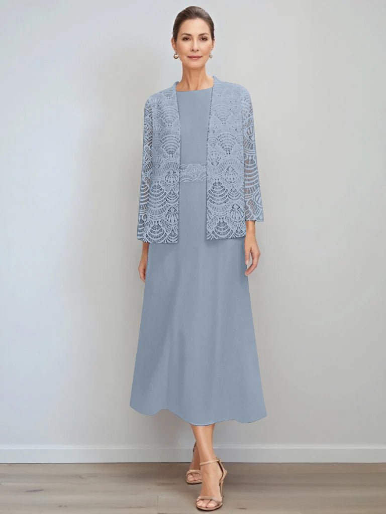A Line Princess Jewel Neck Tea Length Mother Of The Bride Dresses With Jacket Lace