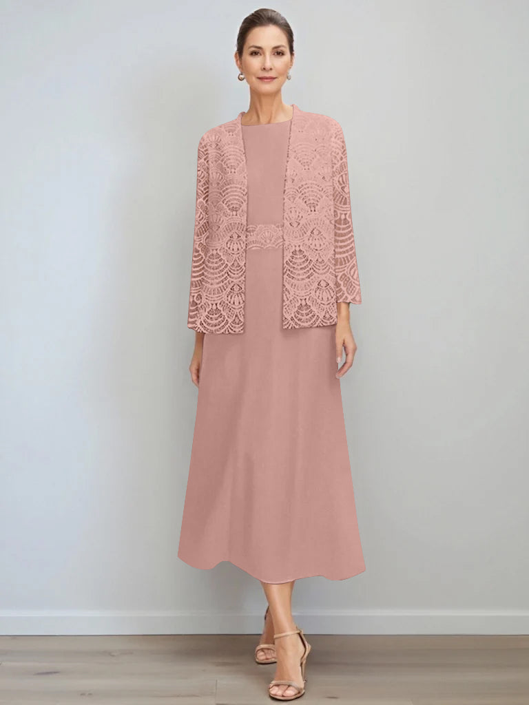 A Line Princess Jewel Neck Tea Length Mother Of The Bride Dresses With Jacket Lace