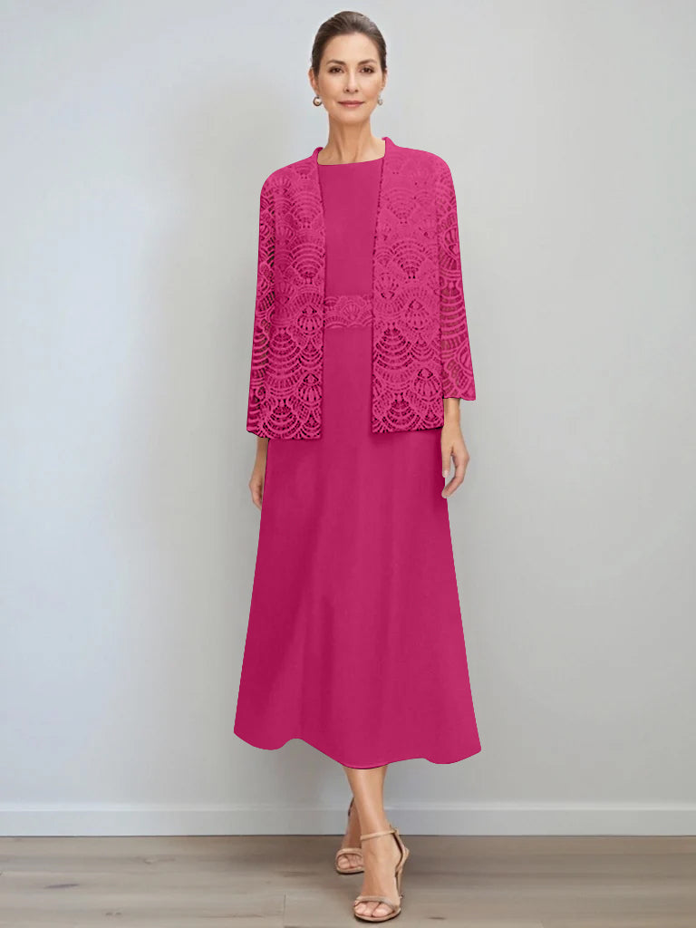 A Line Princess Jewel Neck Tea Length Mother Of The Bride Dresses With Jacket Lace