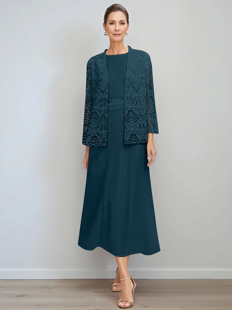 A Line Princess Jewel Neck Tea Length Mother Of The Bride Dresses With Jacket Lace