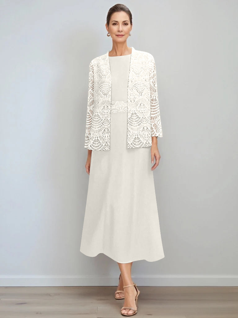 A Line Princess Jewel Neck Tea Length Mother Of The Bride Dresses With Jacket Lace